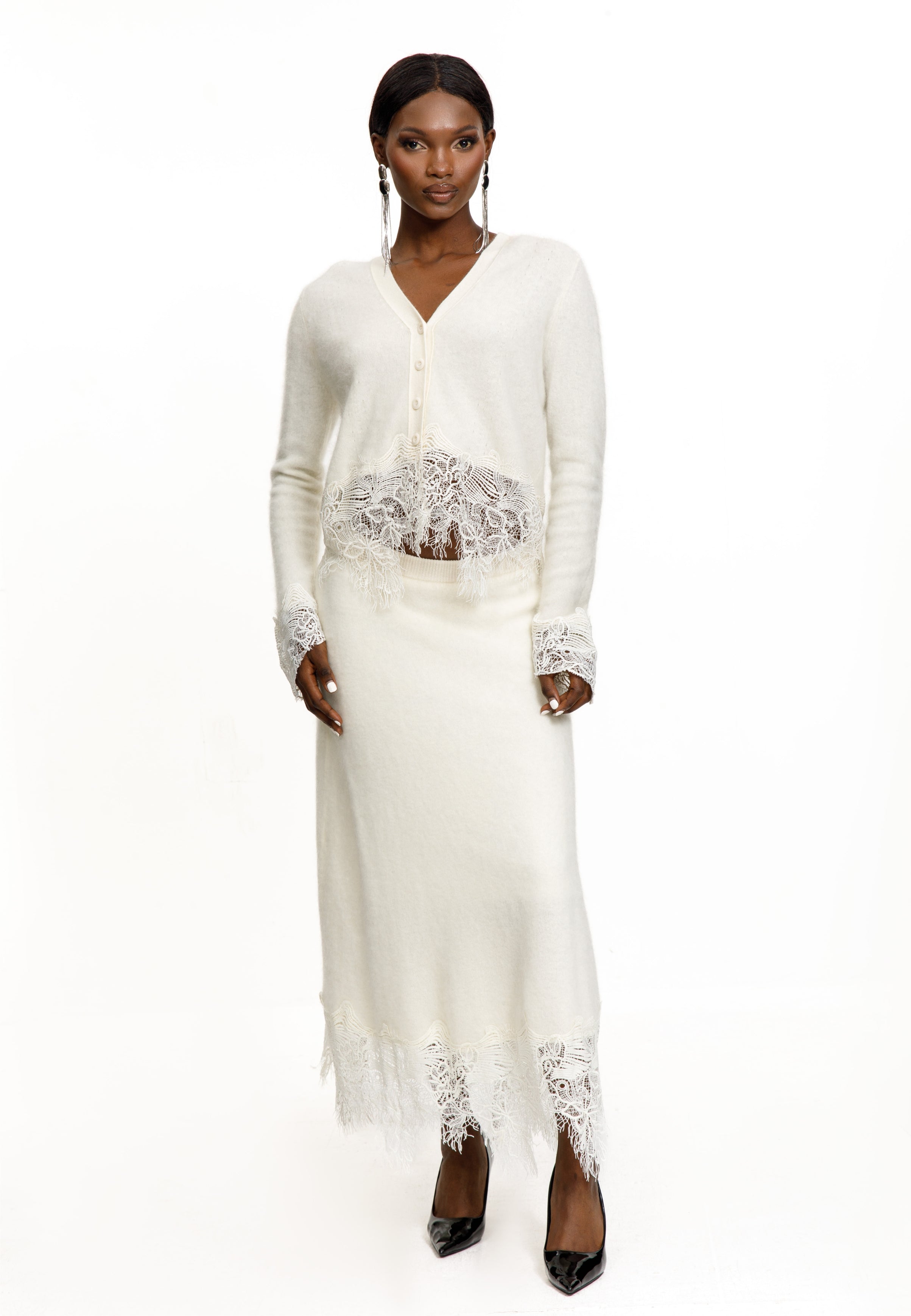 Lace Trim Knit Cardigan & Skirt Set