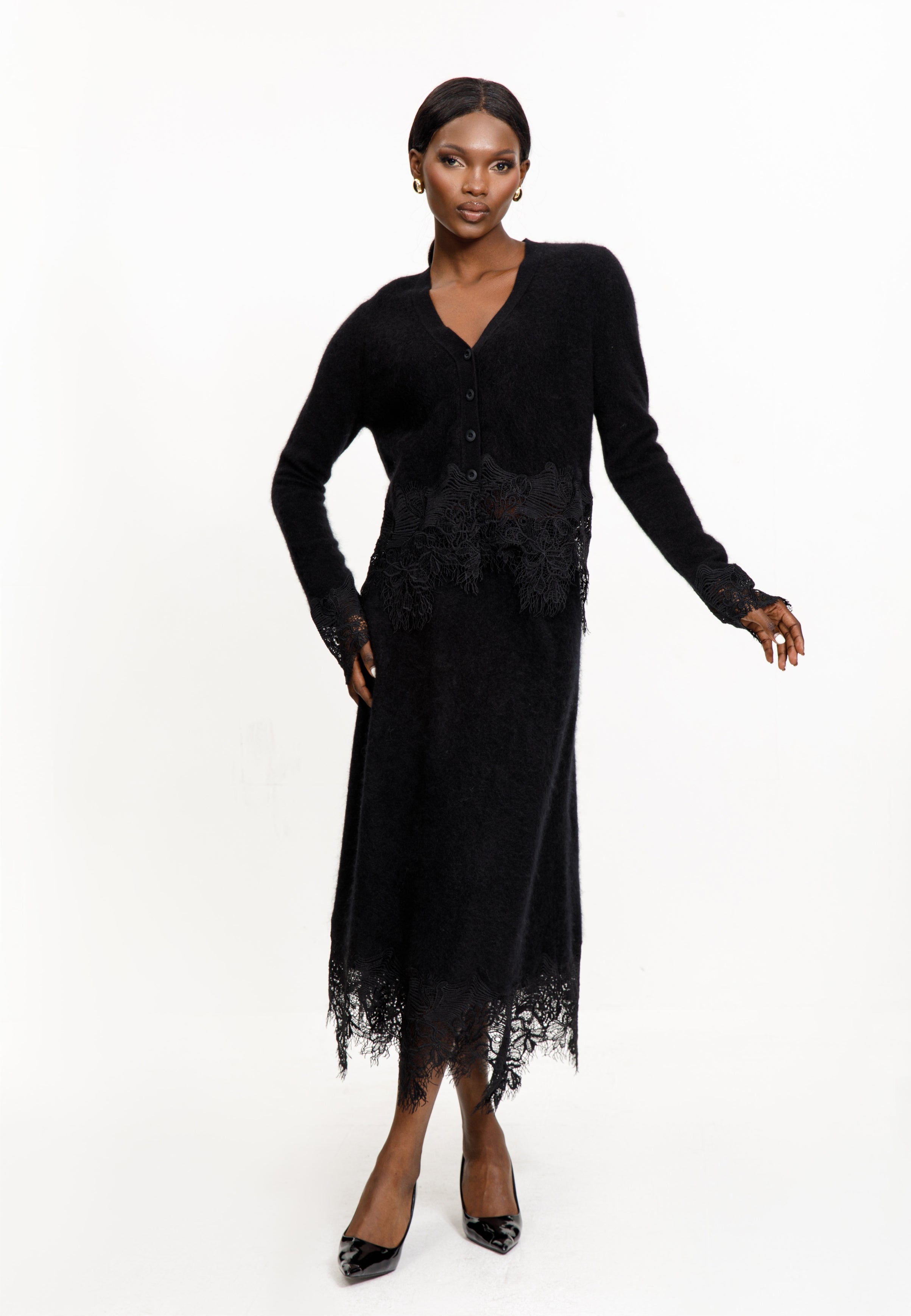 Lace Trim Knit Cardigan & Skirt Set
