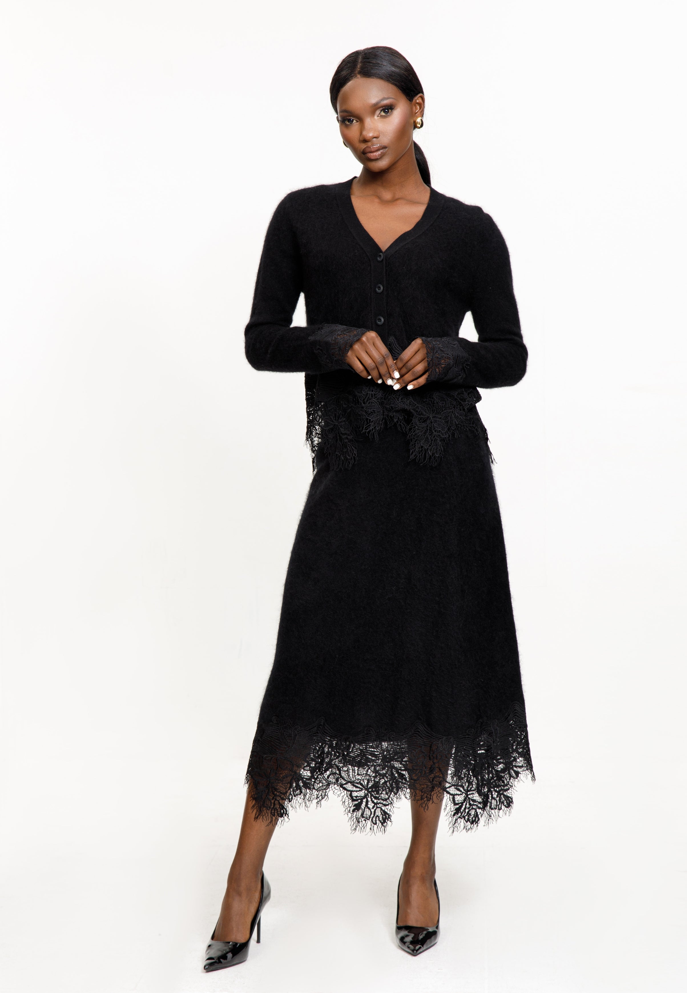 Lace Trim Knit Cardigan & Skirt Set
