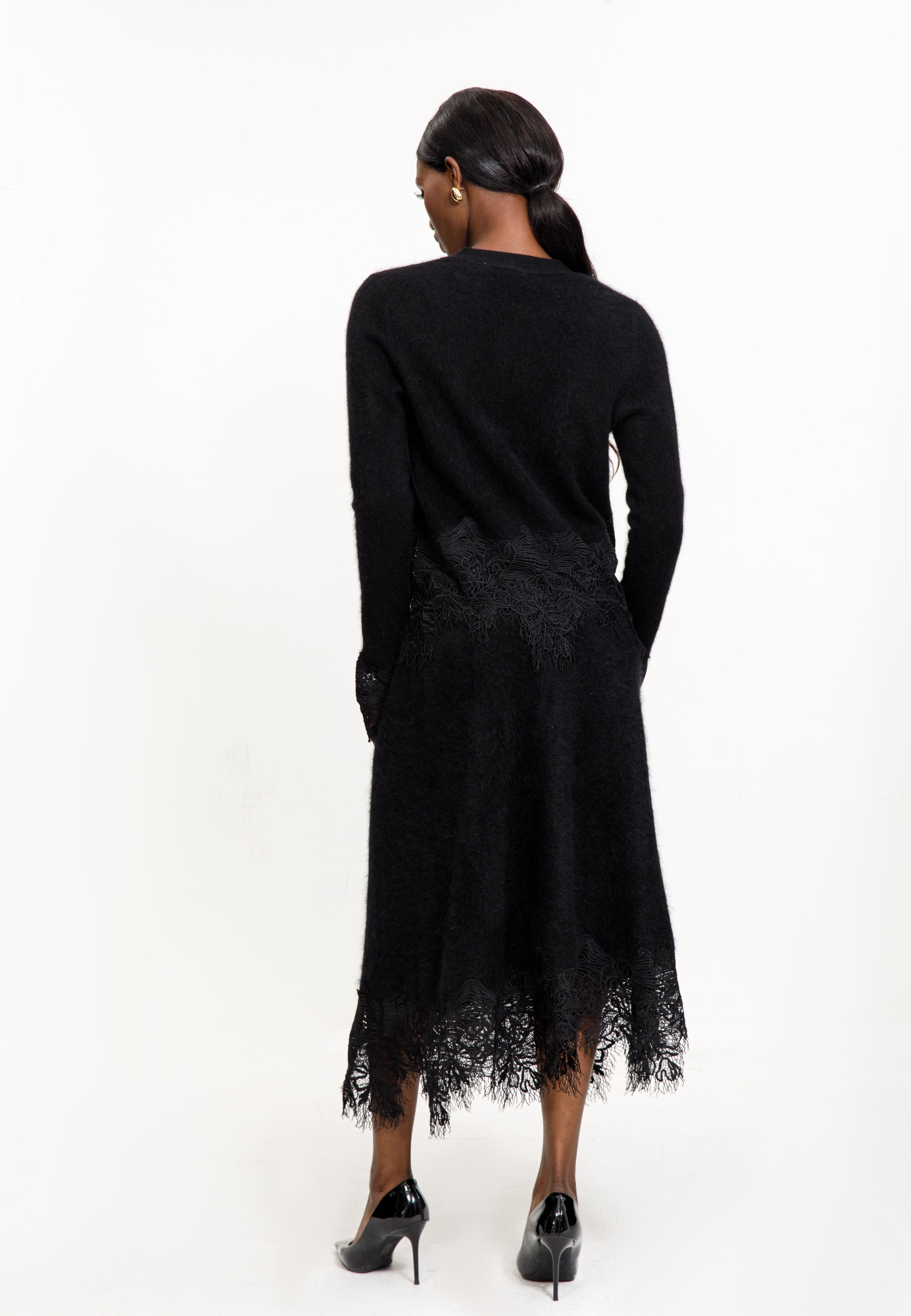 Lace Trim Knit Cardigan & Skirt Set