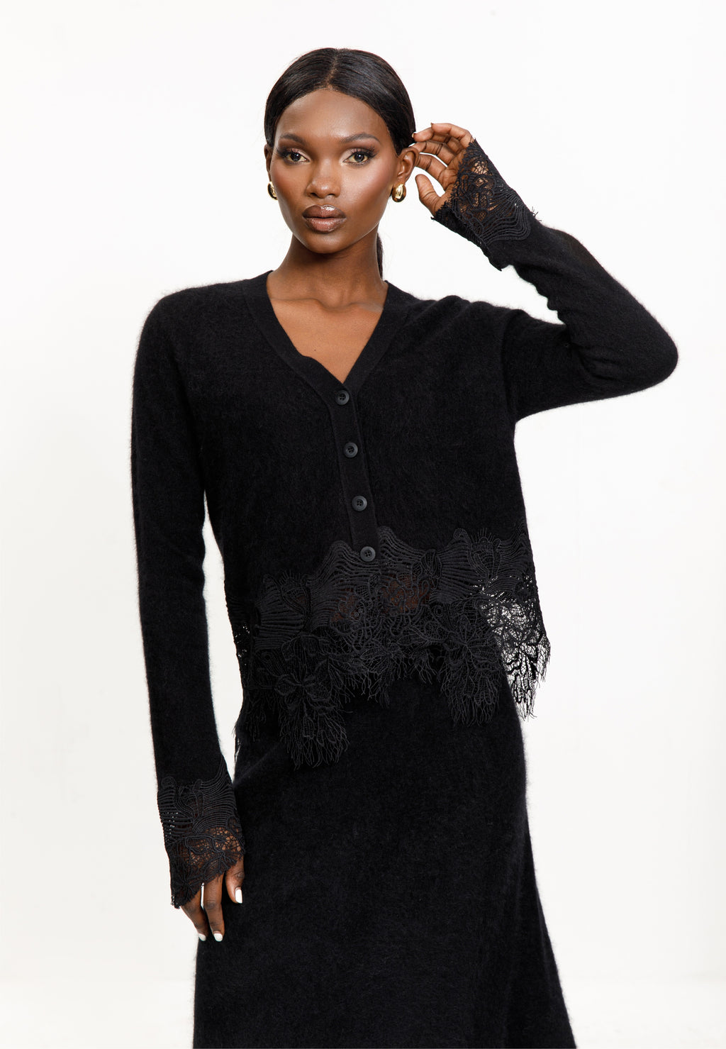 Lace Trim Knit Cardigan & Skirt Set