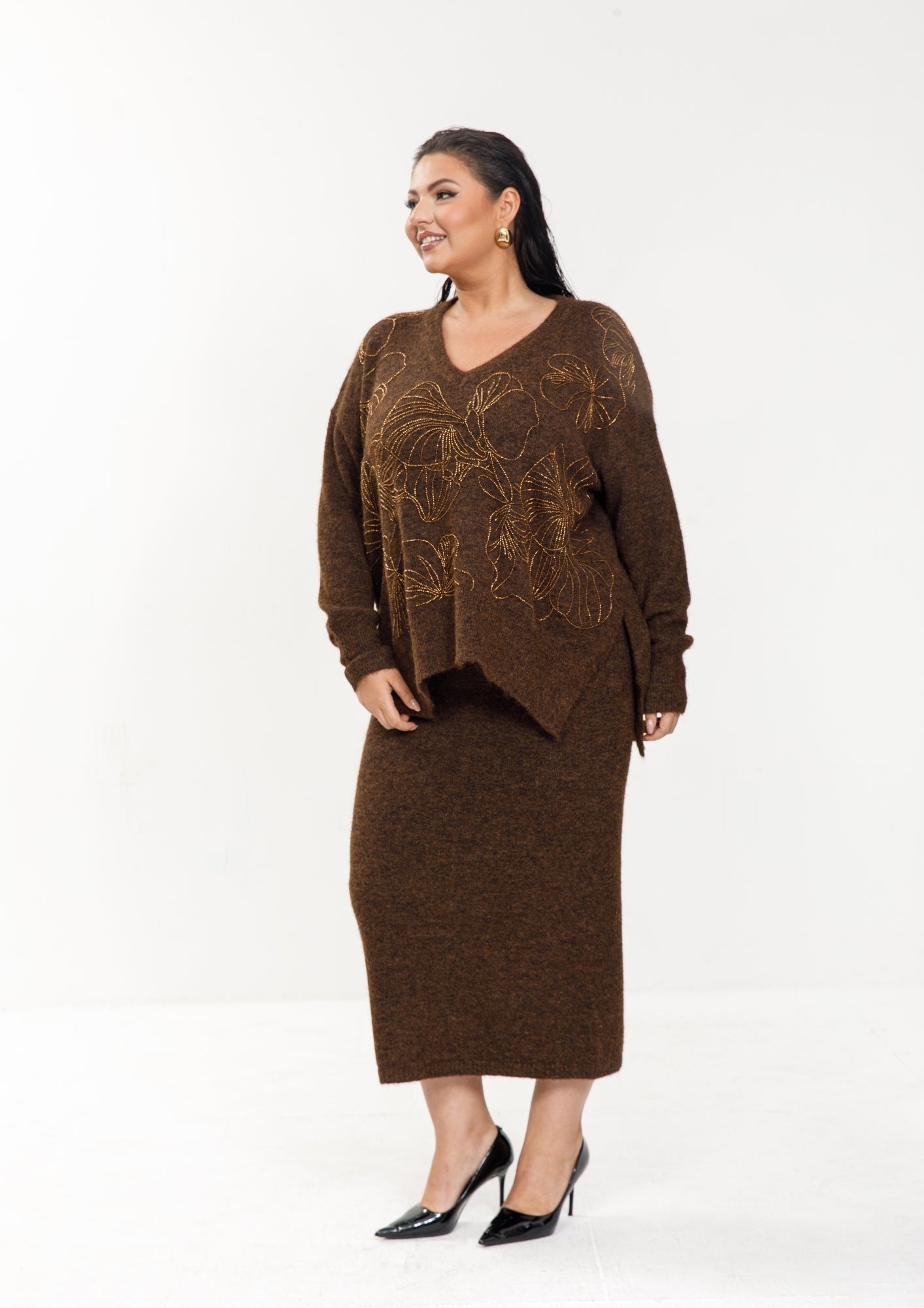 Black Floral Embellished Knit Skirt Set