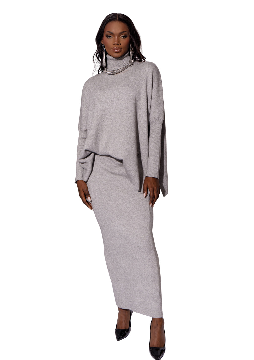 Grey Knit Turtleneck Sweater & Midi Skirt Set