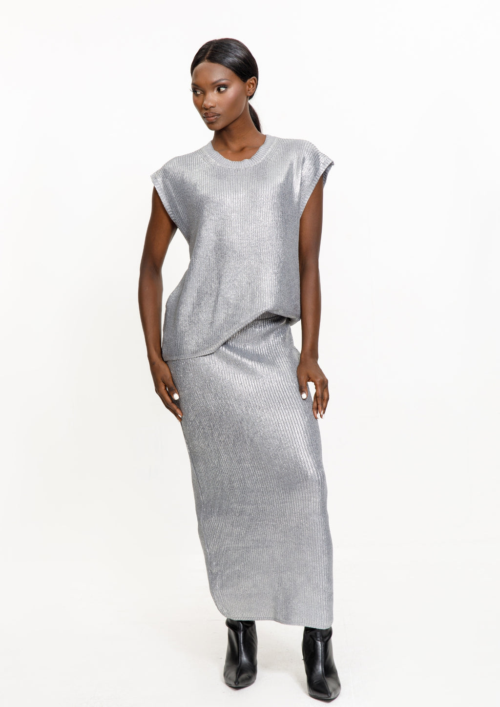 Silver Sequin Knit Top & Maxi Skirt Set