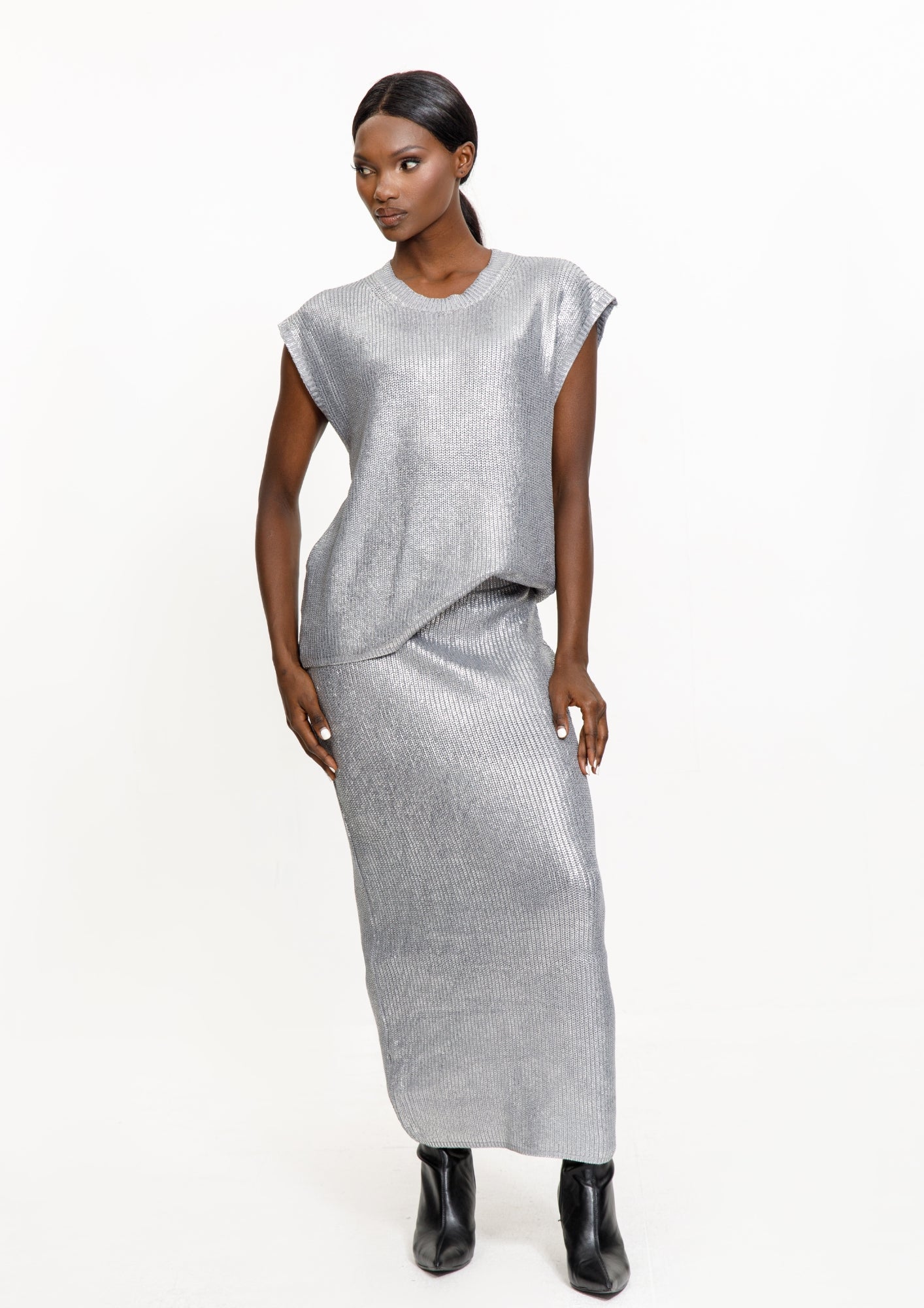 Silver Sequin Knit Top & Maxi Skirt Set