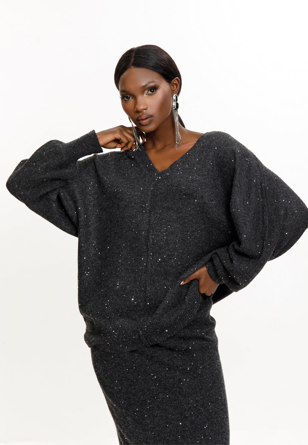 Dark Grey Sparkle Knit Sweater & Skirt Set