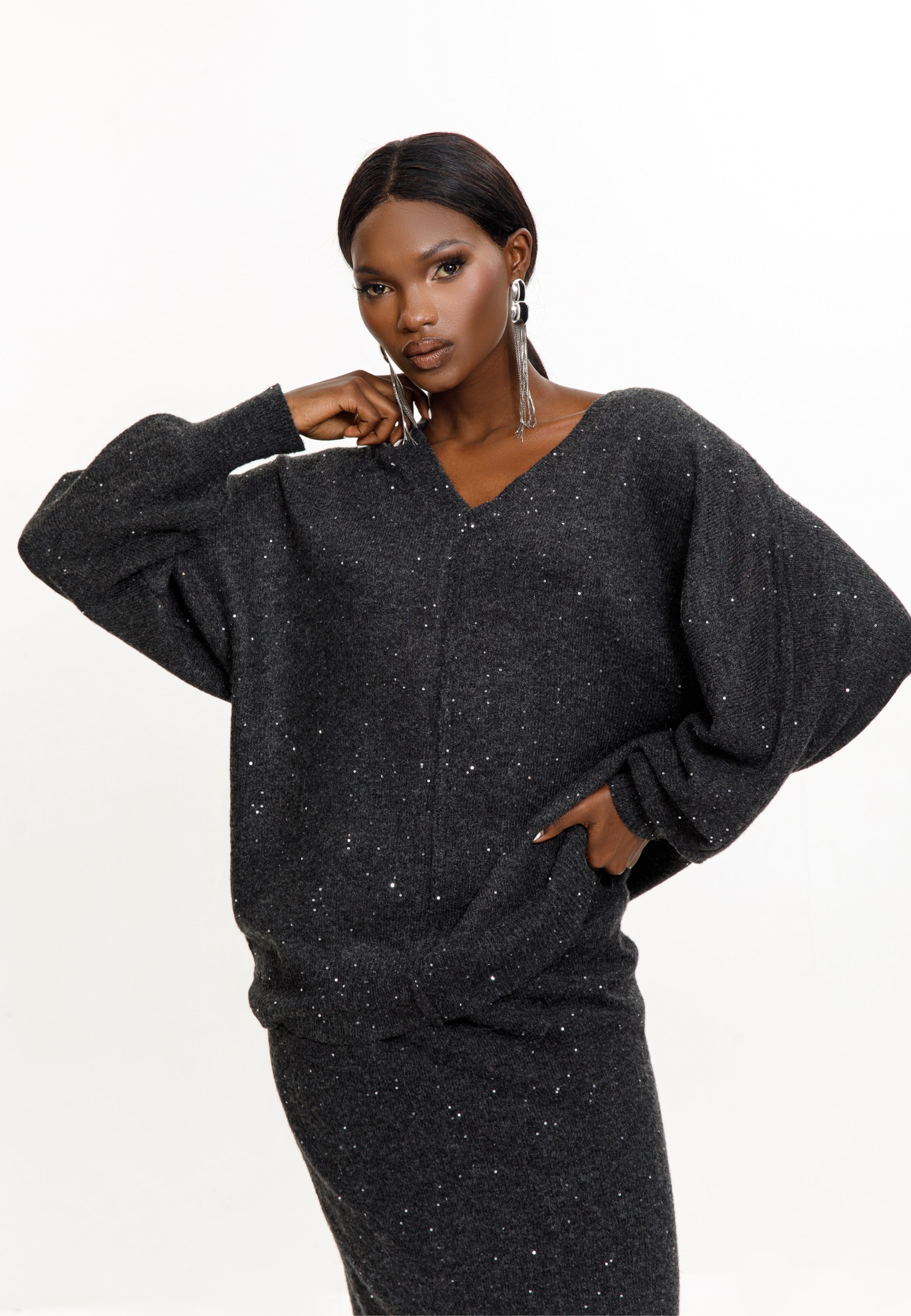 Dark Grey Sparkle Knit Sweater & Skirt Set