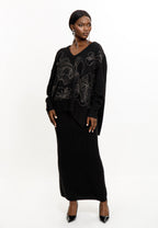 Black Floral Embellished Knit Skirt Set