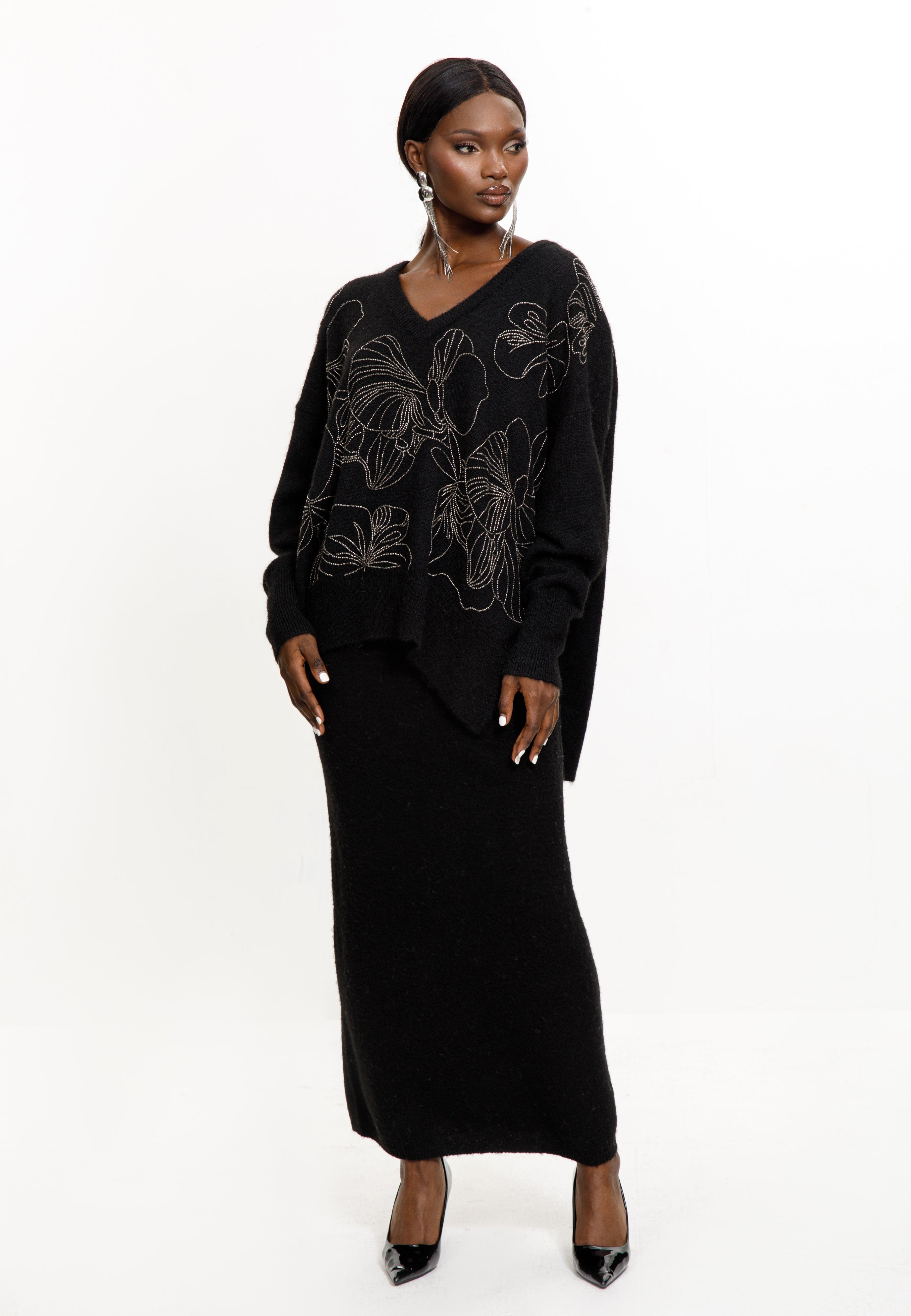 Black Floral Embellished Knit Skirt Set