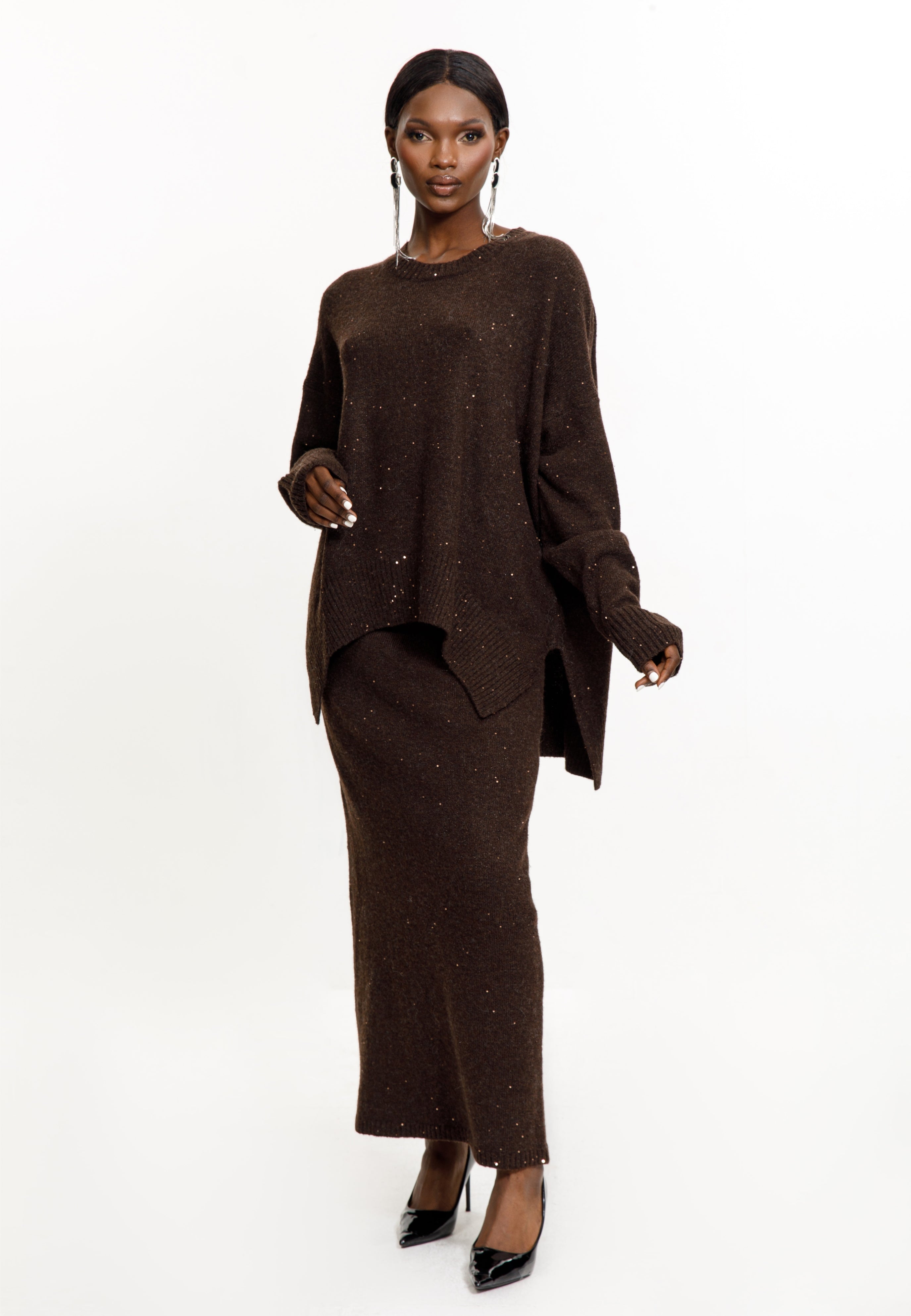 Taupe Shimmer Knit Skirt Set