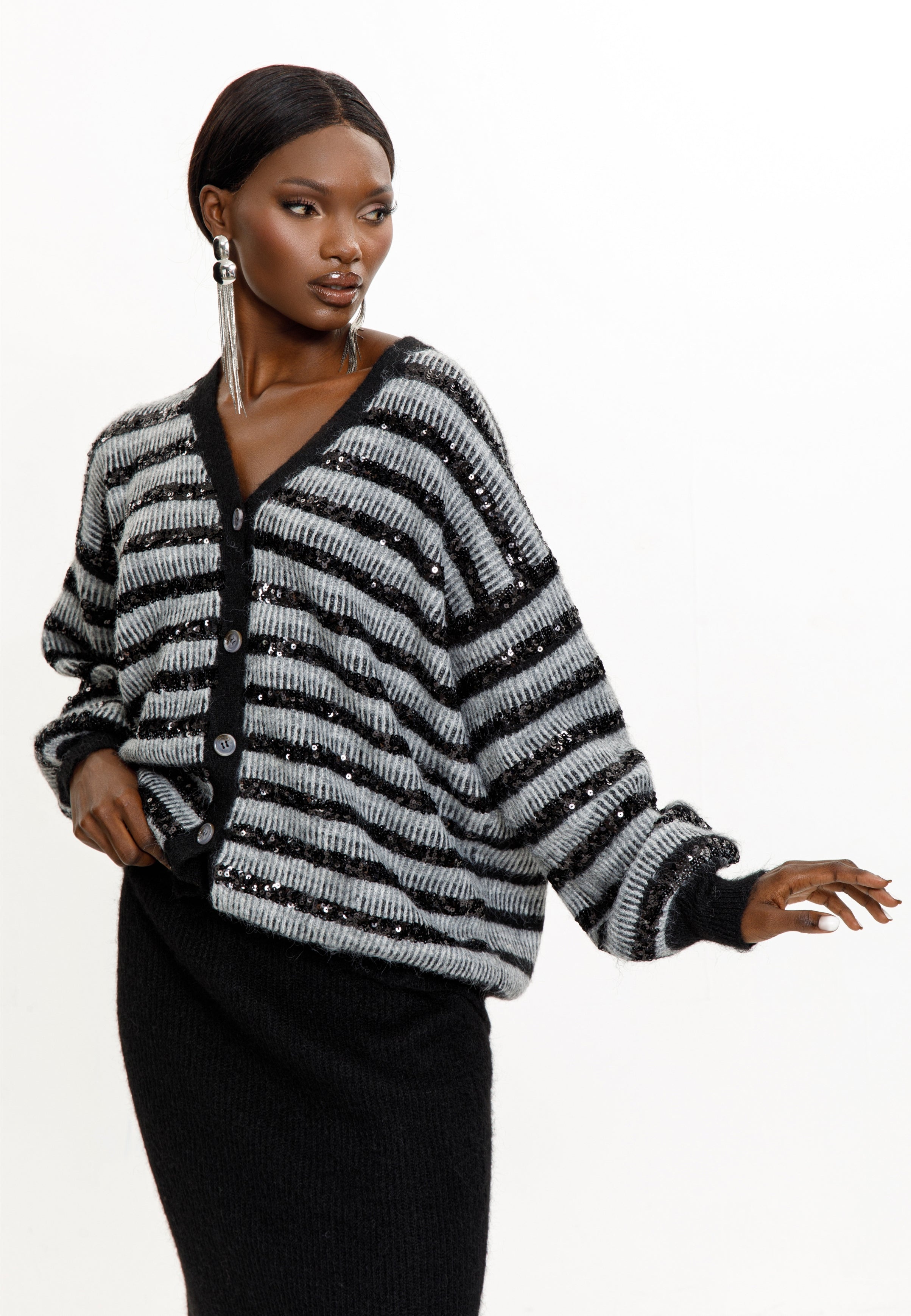 Striped Sequin Knit Cardigan & Black Skirt Set