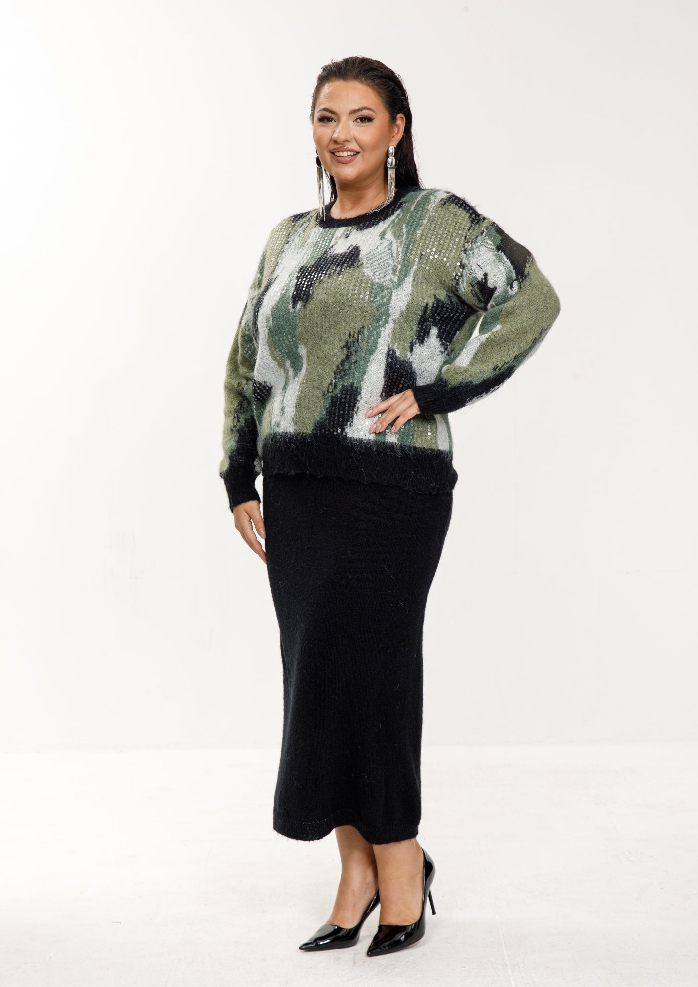 Knit Skirt Set with Abstract Sweater