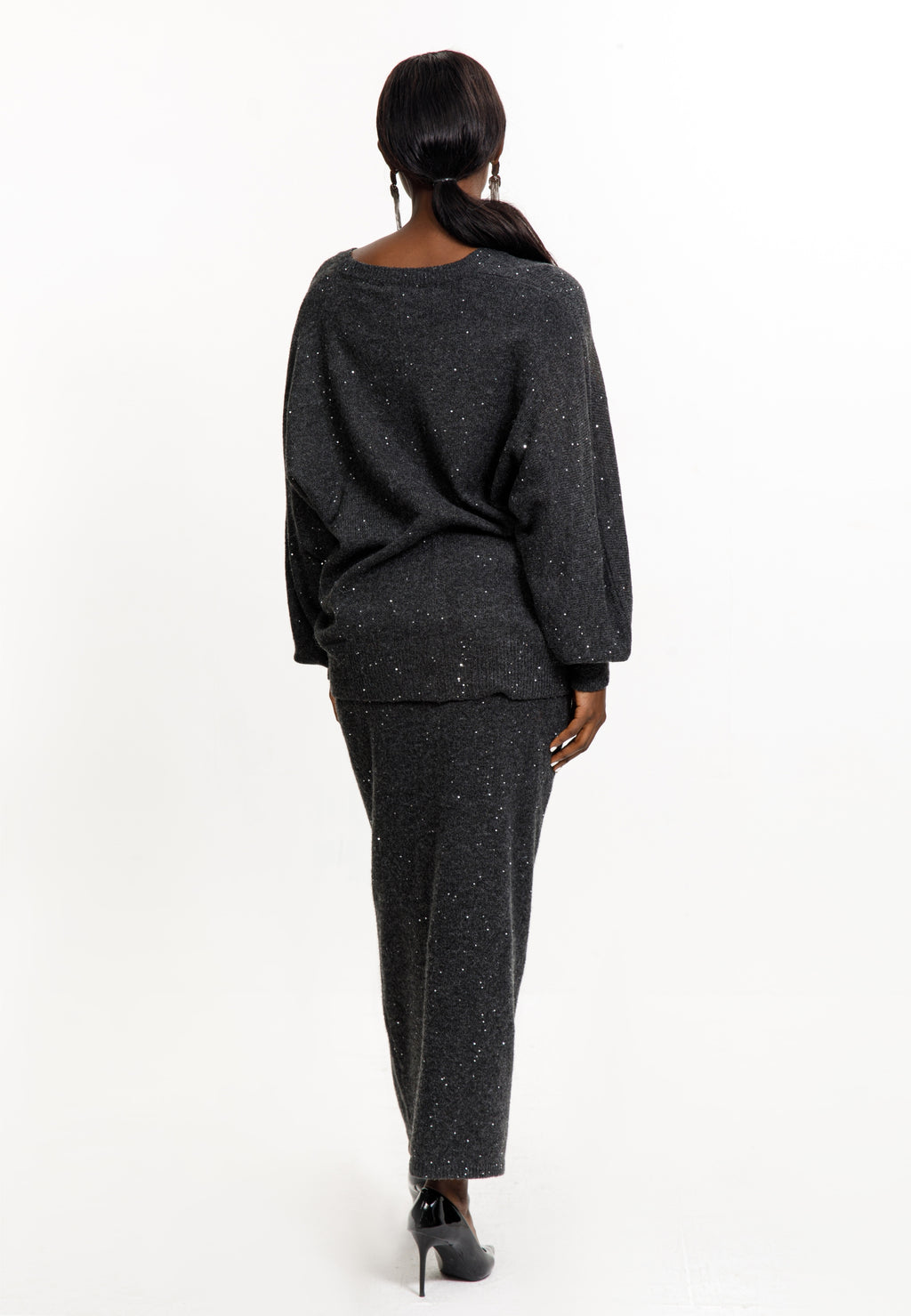 Dark Grey Sparkle Knit Sweater & Skirt Set