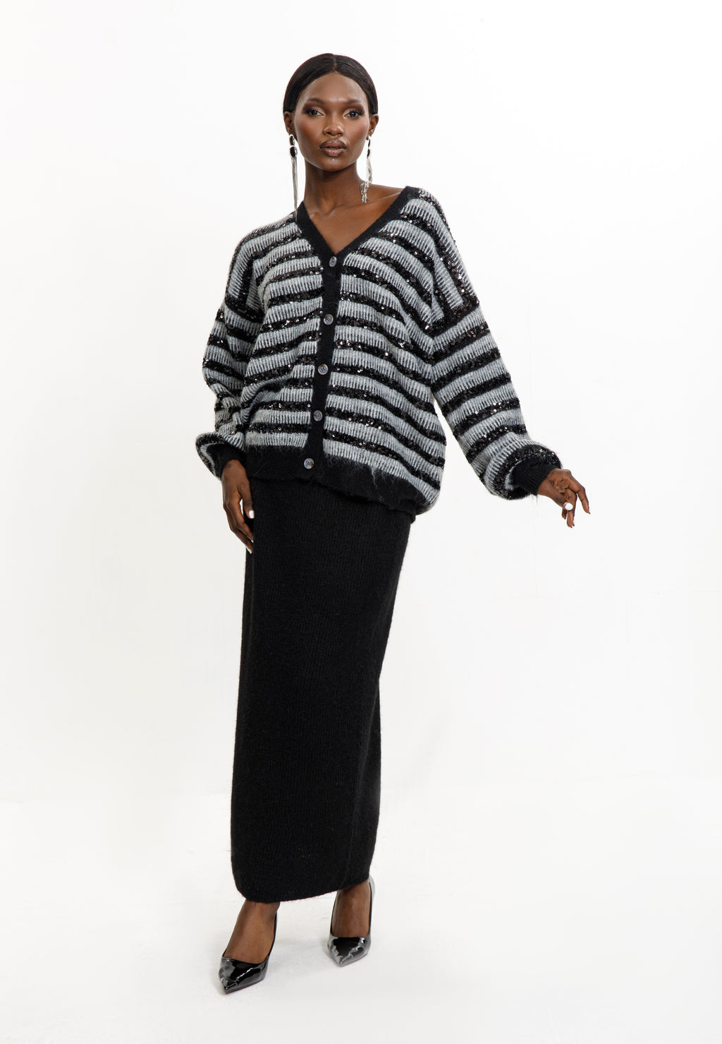 Striped Sequin Knit Cardigan & Black Skirt Set