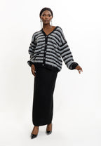 Striped Sequin Knit Cardigan & Black Skirt Set