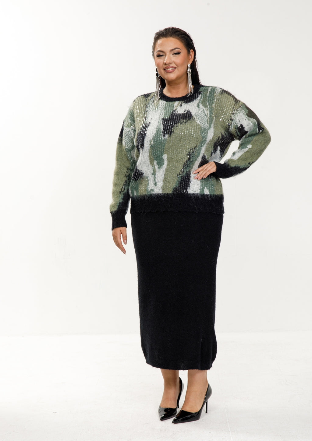 Knit Skirt Set with Abstract Sweater