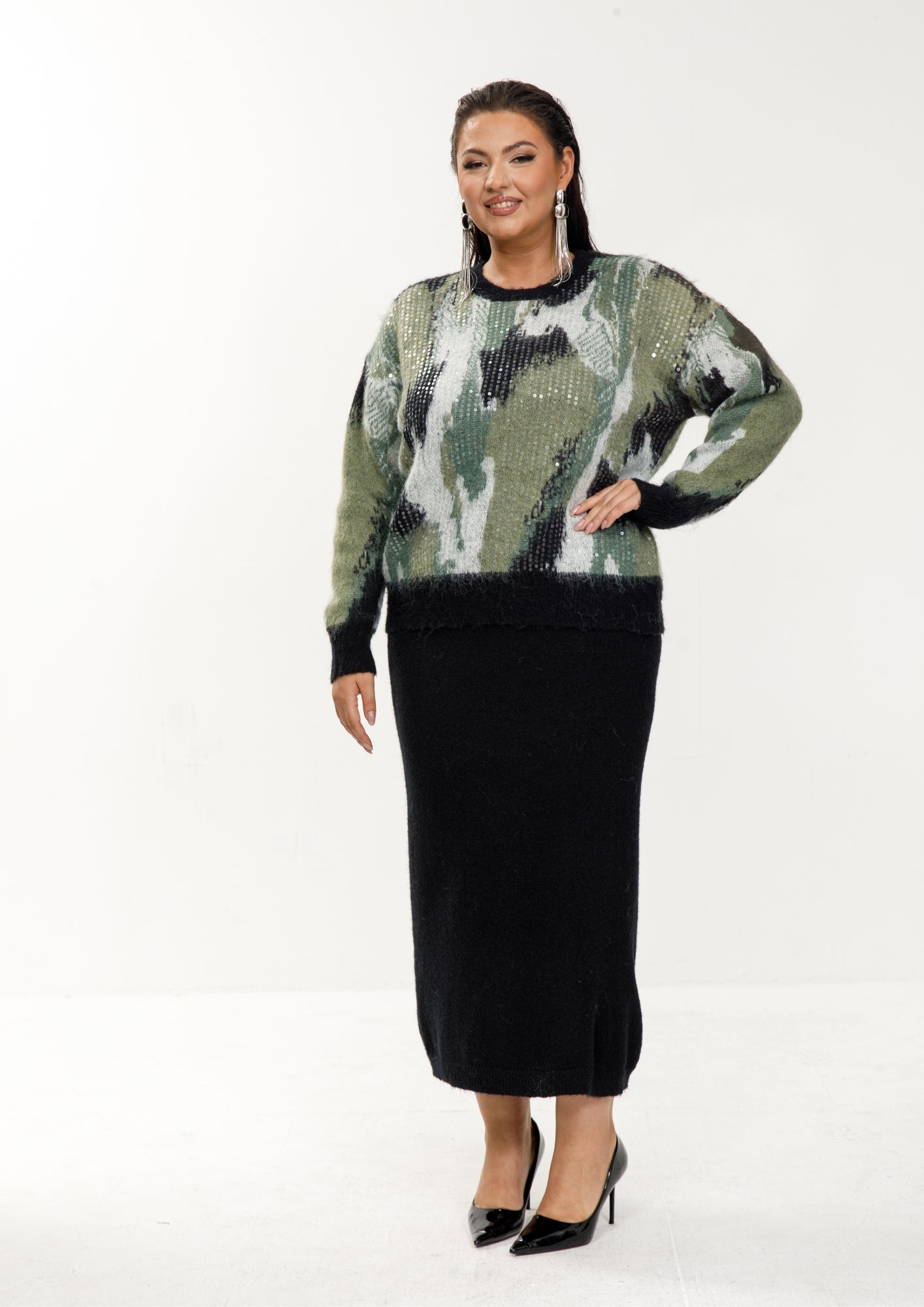 Knit Skirt Set with Abstract Sweater