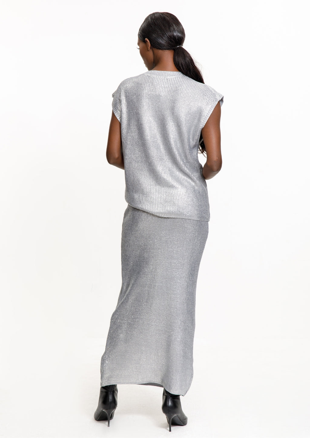Silver Sequin Knit Top & Maxi Skirt Set