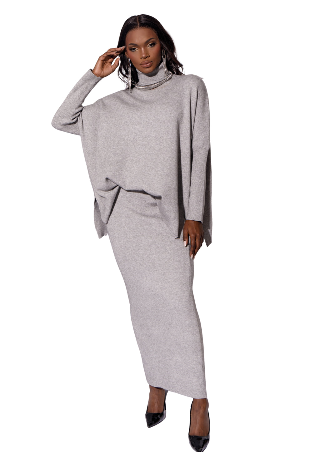 Grey Knit Turtleneck Sweater & Midi Skirt Set