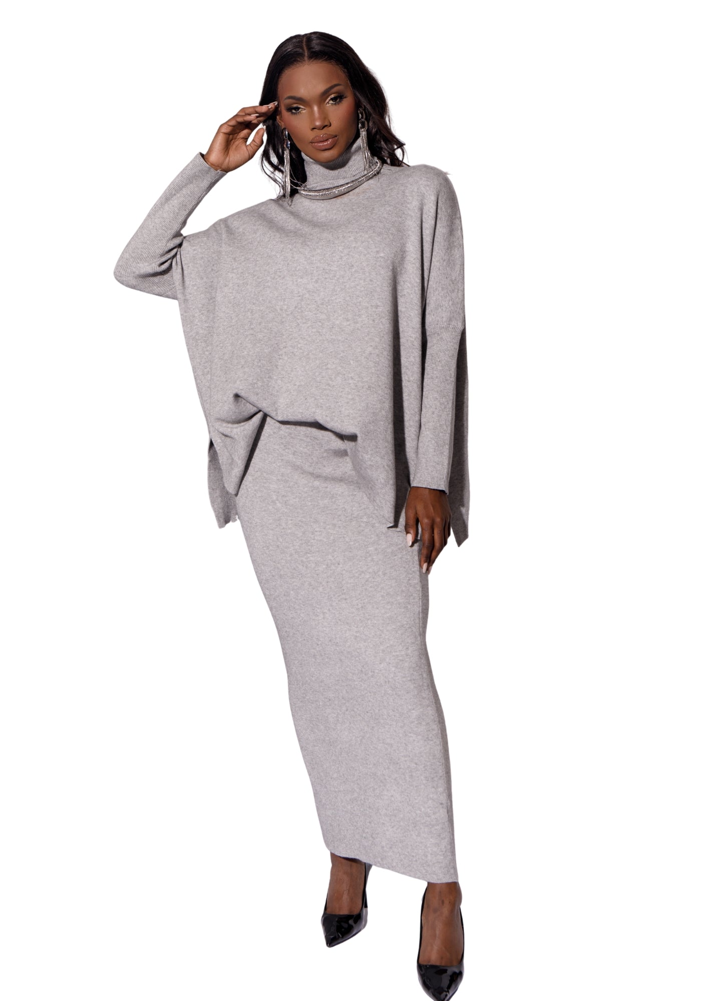 Grey Knit Turtleneck Sweater & Midi Skirt Set