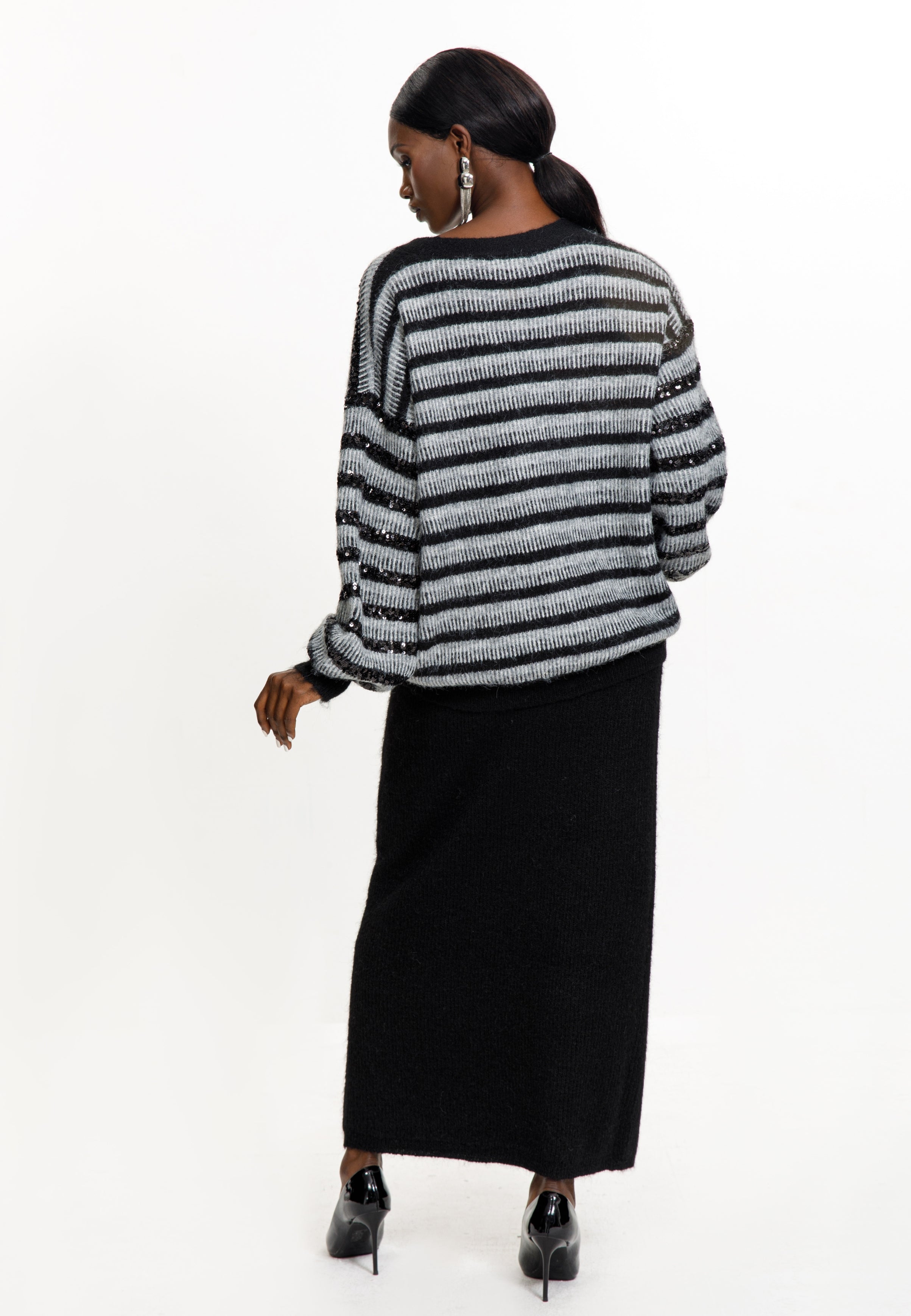 Striped Sequin Knit Cardigan & Black Skirt Set