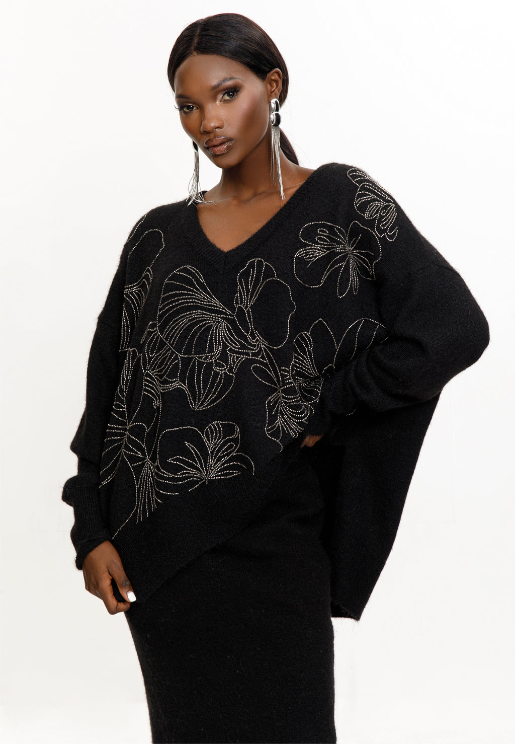 Black Floral Embellished Knit Skirt Set