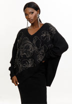 Black Floral Embellished Knit Skirt Set