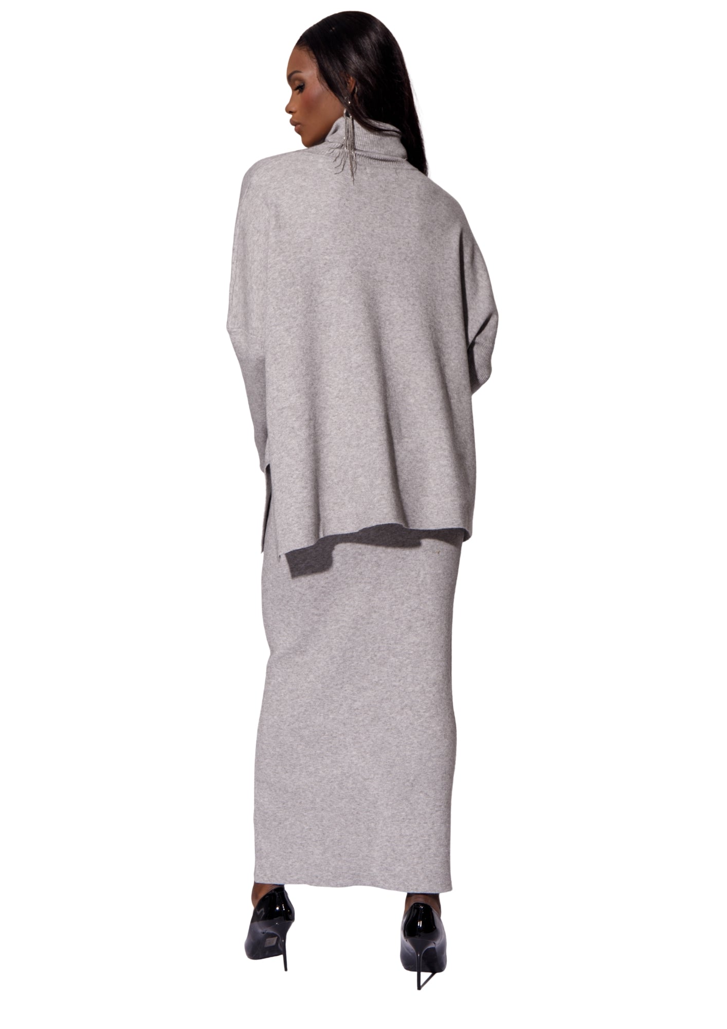 Grey Knit Turtleneck Sweater & Midi Skirt Set