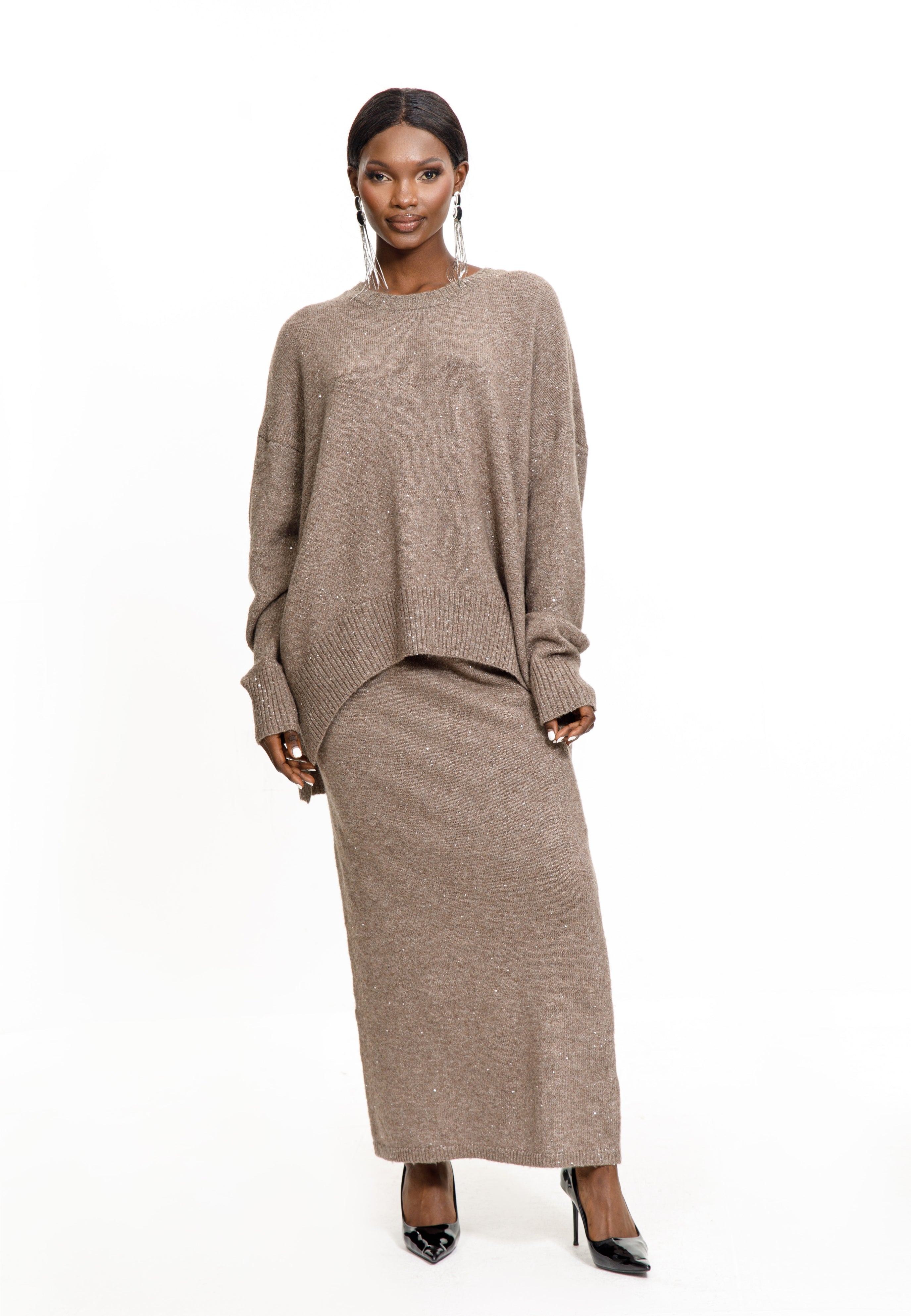 Taupe Shimmer Knit Skirt Set