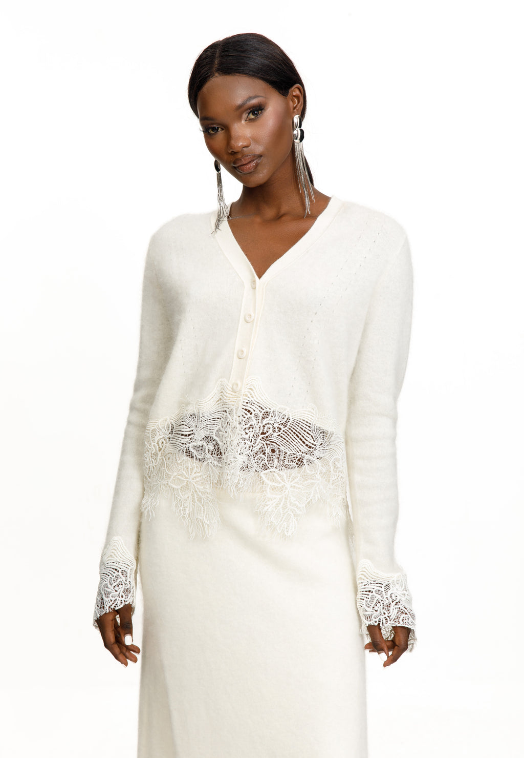 Lace Trim Knit Cardigan & Skirt Set