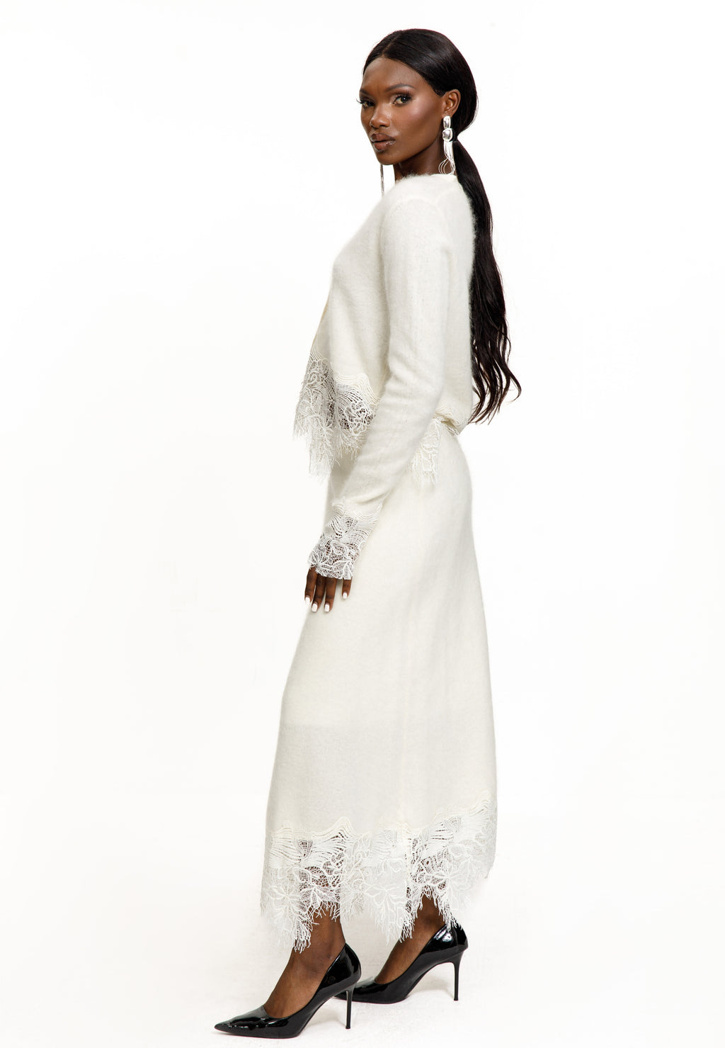 Lace Trim Knit Cardigan & Skirt Set