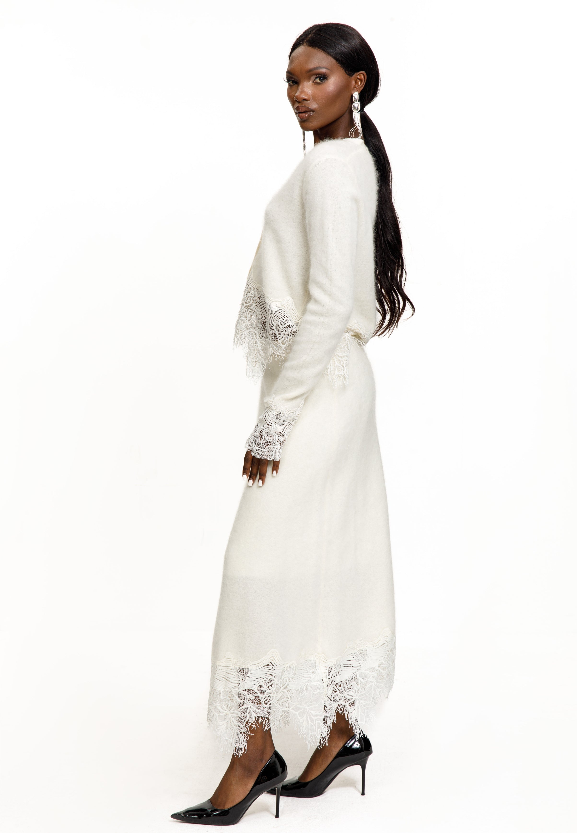Lace Trim Knit Cardigan & Skirt Set
