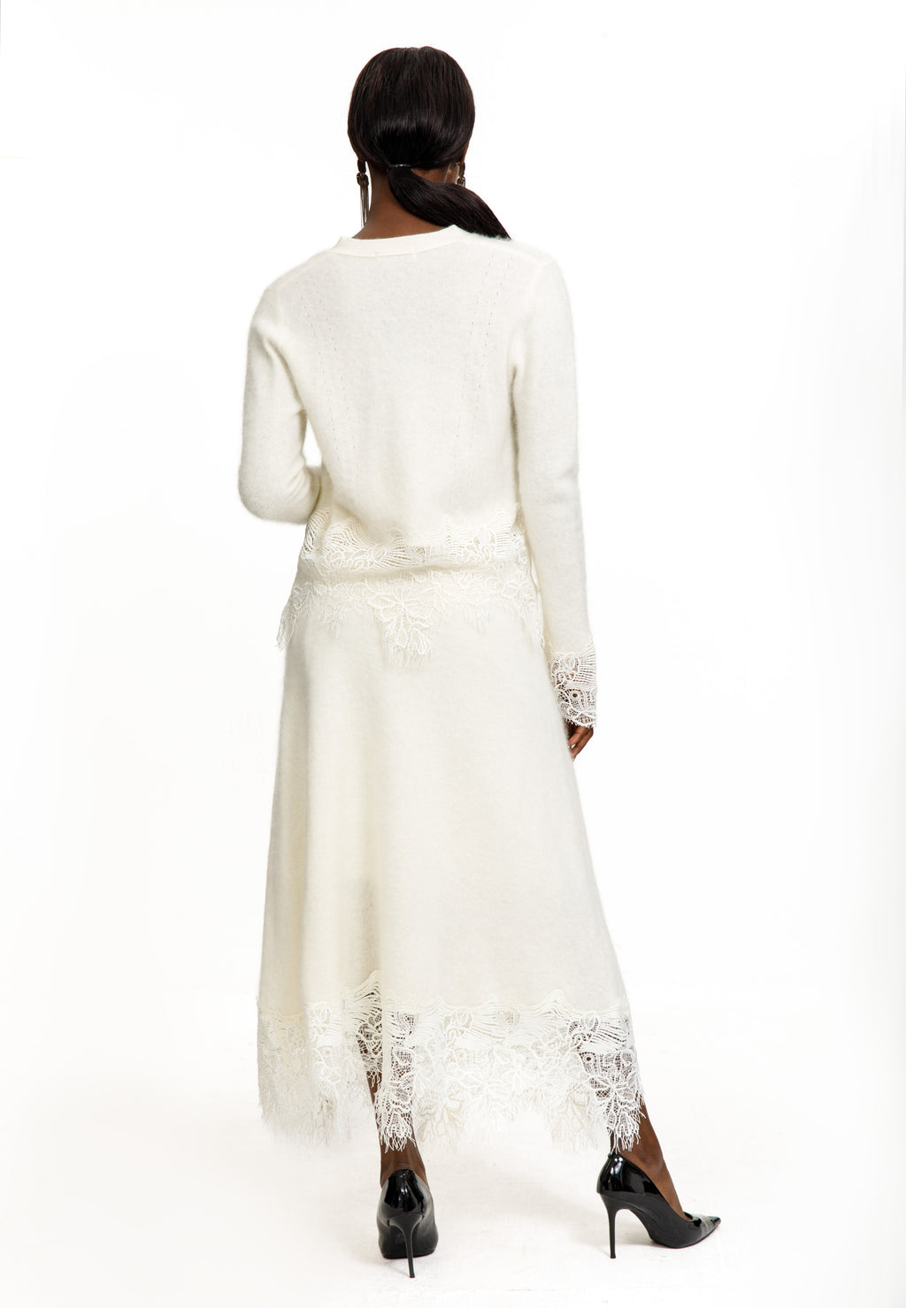 Lace Trim Knit Cardigan & Skirt Set