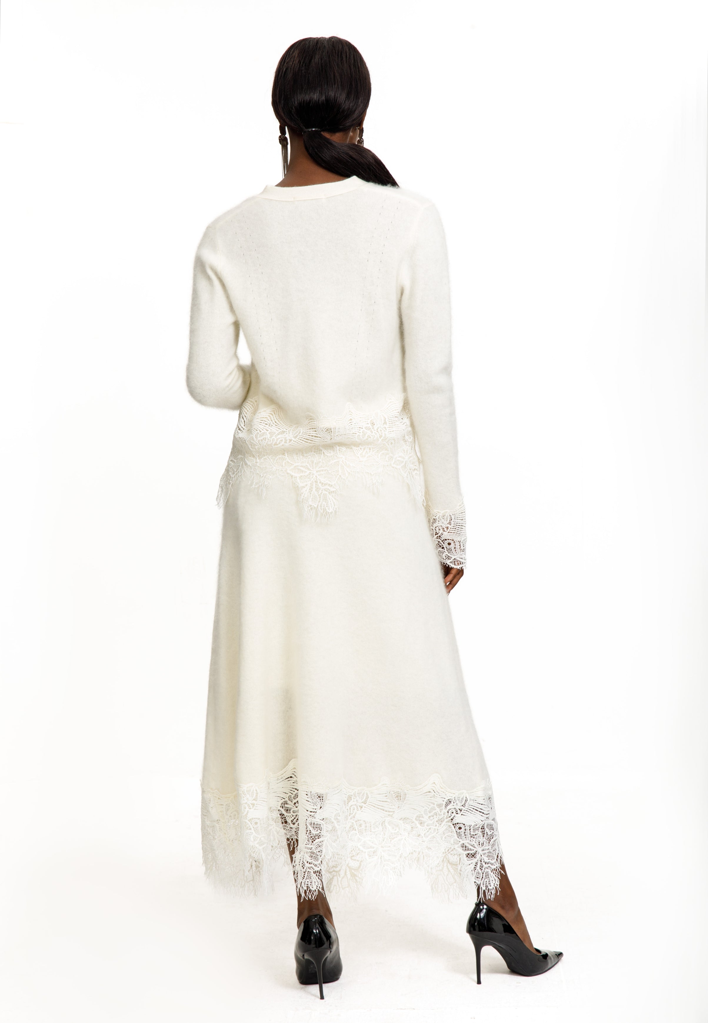 Lace Trim Knit Cardigan & Skirt Set