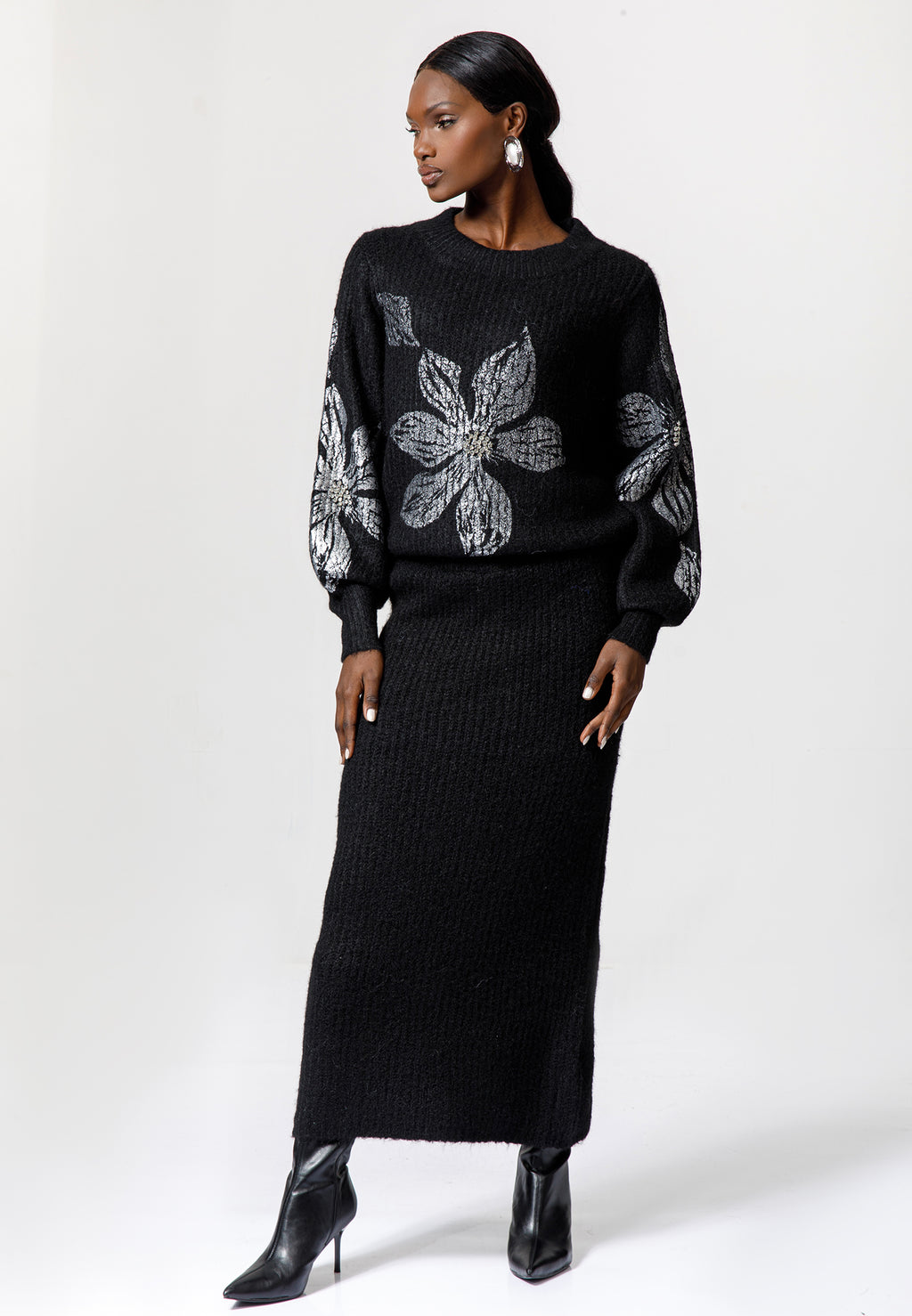 Black Knit Skirt Set with Floral Embellished Sweater