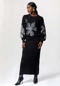 Black Knit Skirt Set with Floral Embellished Sweater