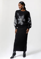 Black Knit Skirt Set with Floral Embellished Sweater