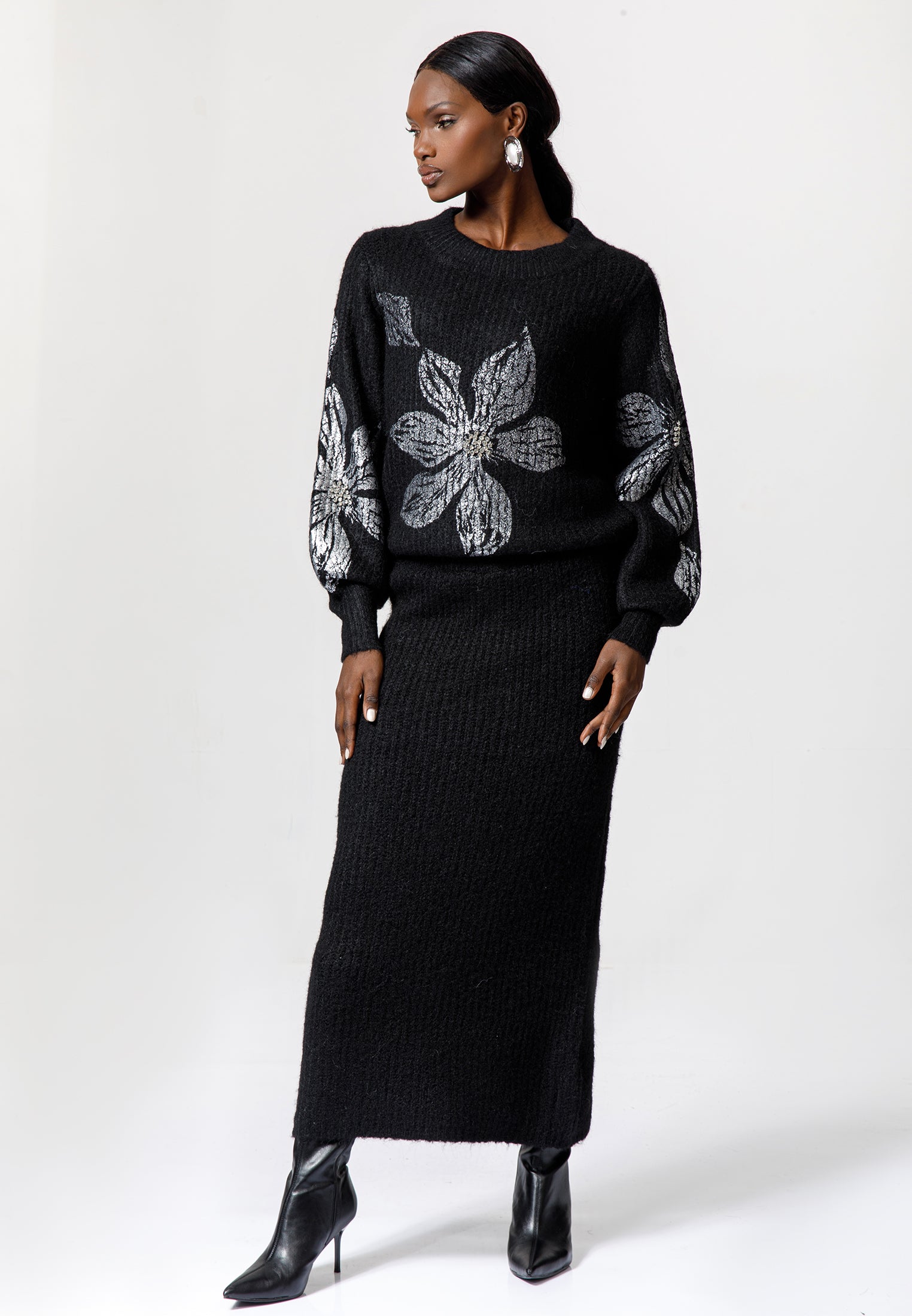 Black Knit Skirt Set with Floral Embellished Sweater