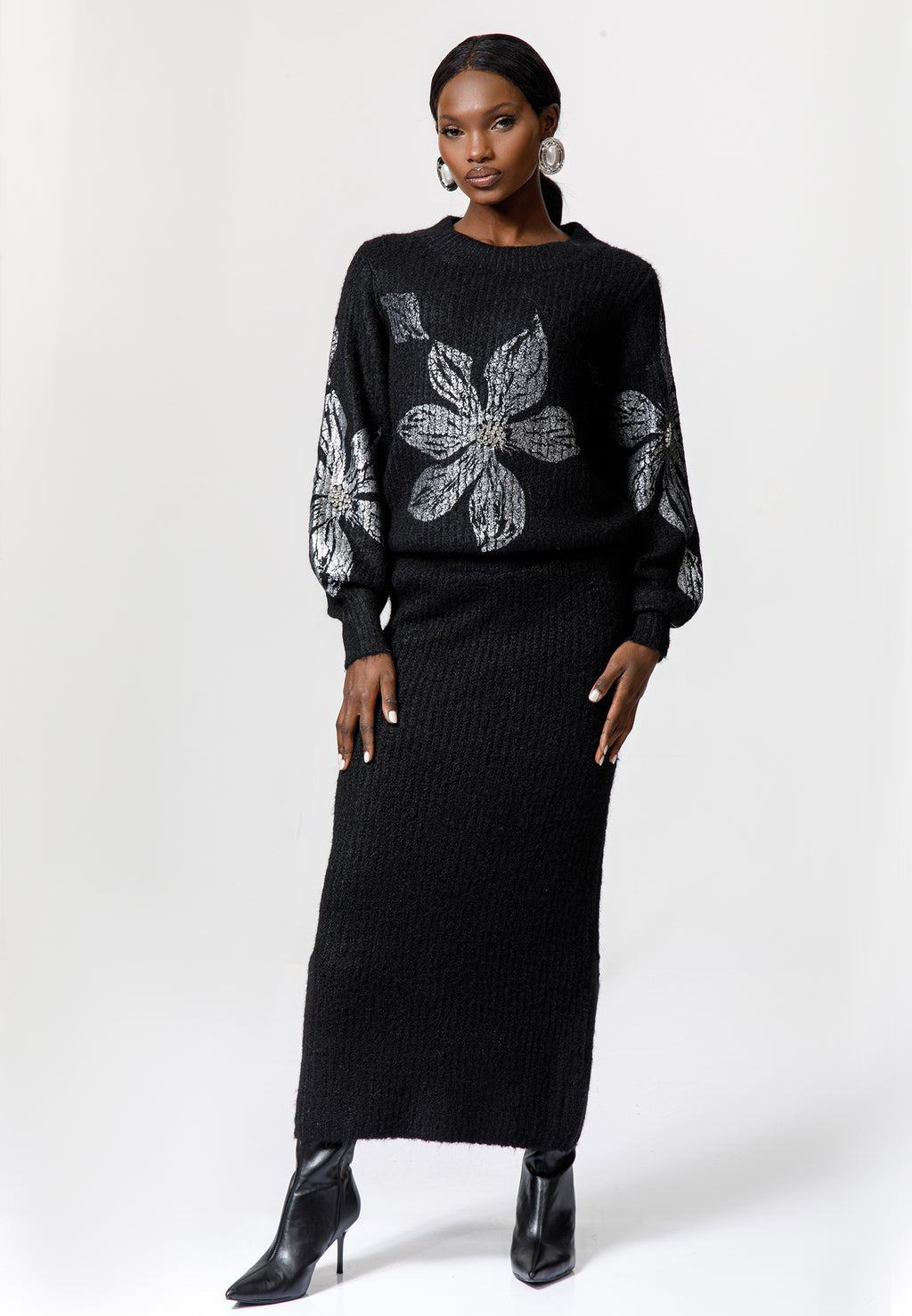 Black Knit Skirt Set with Floral Embellished Sweater