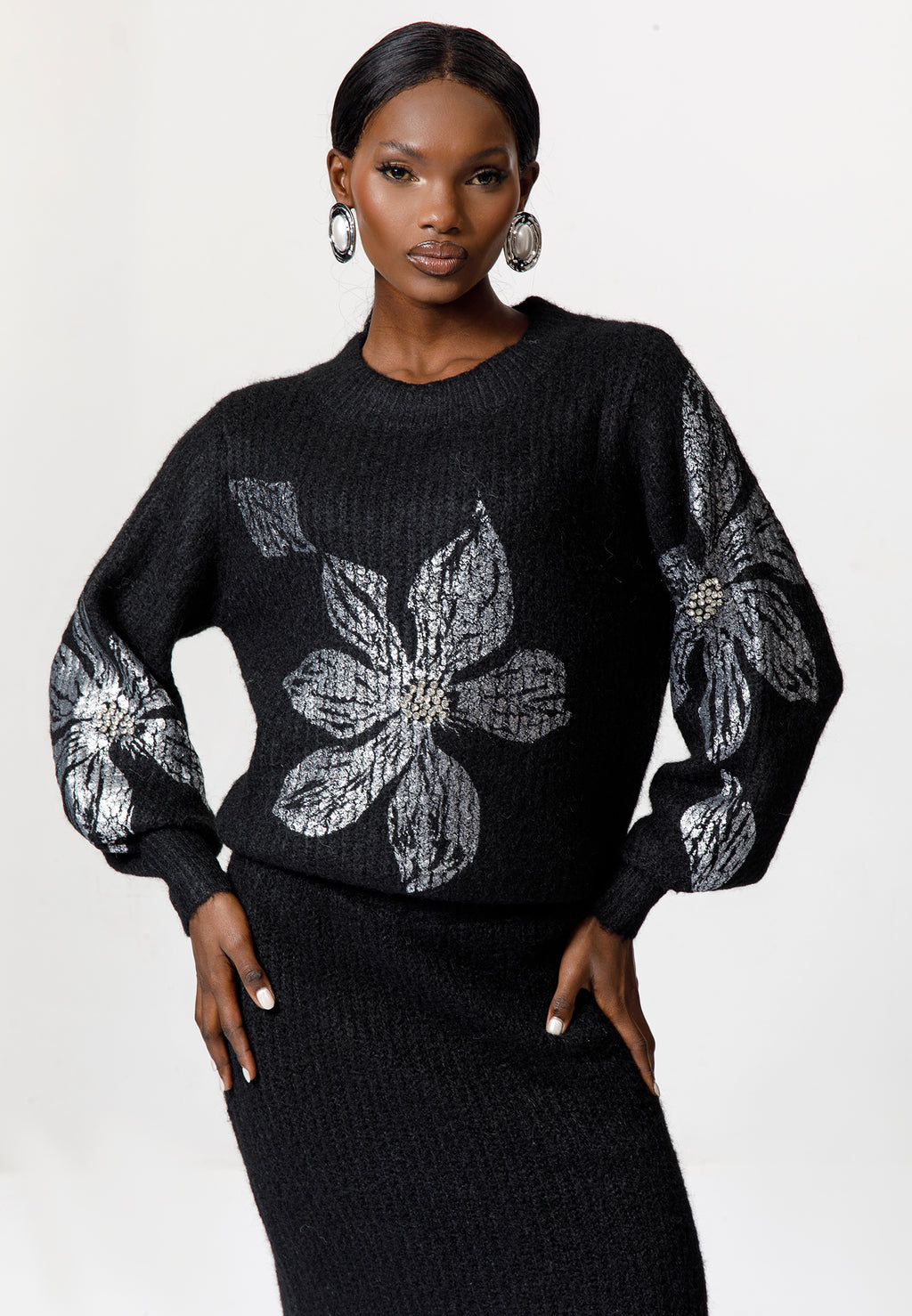 Black Knit Skirt Set with Floral Embellished Sweater