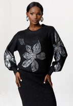 Black Knit Skirt Set with Floral Embellished Sweater