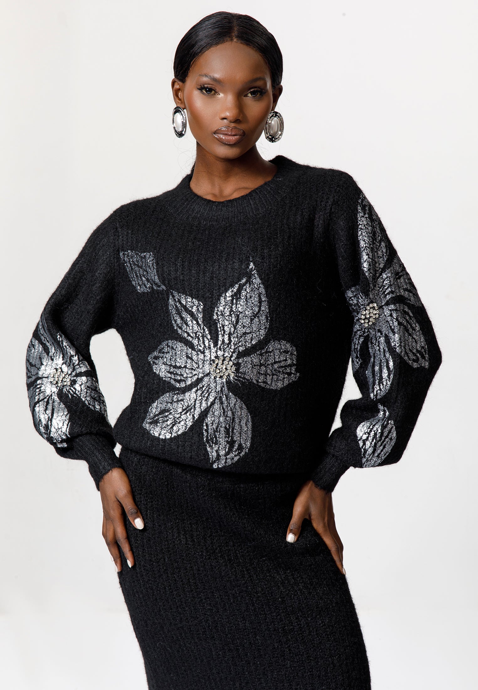 Black Knit Skirt Set with Floral Embellished Sweater