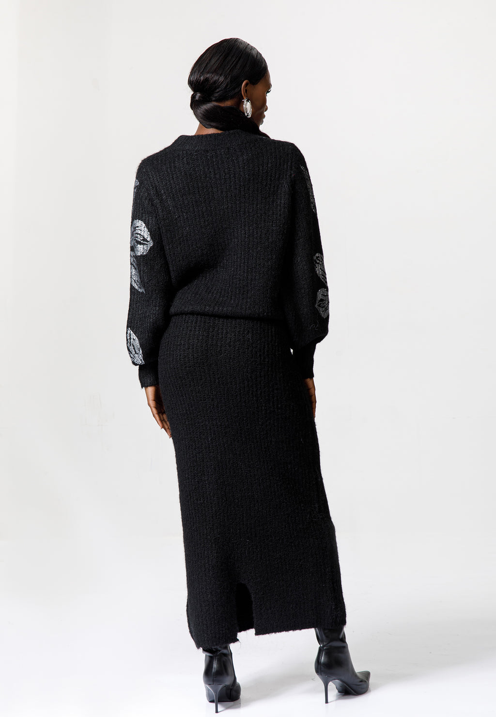 Black Knit Skirt Set with Floral Embellished Sweater