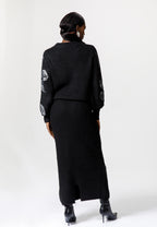 Black Knit Skirt Set with Floral Embellished Sweater