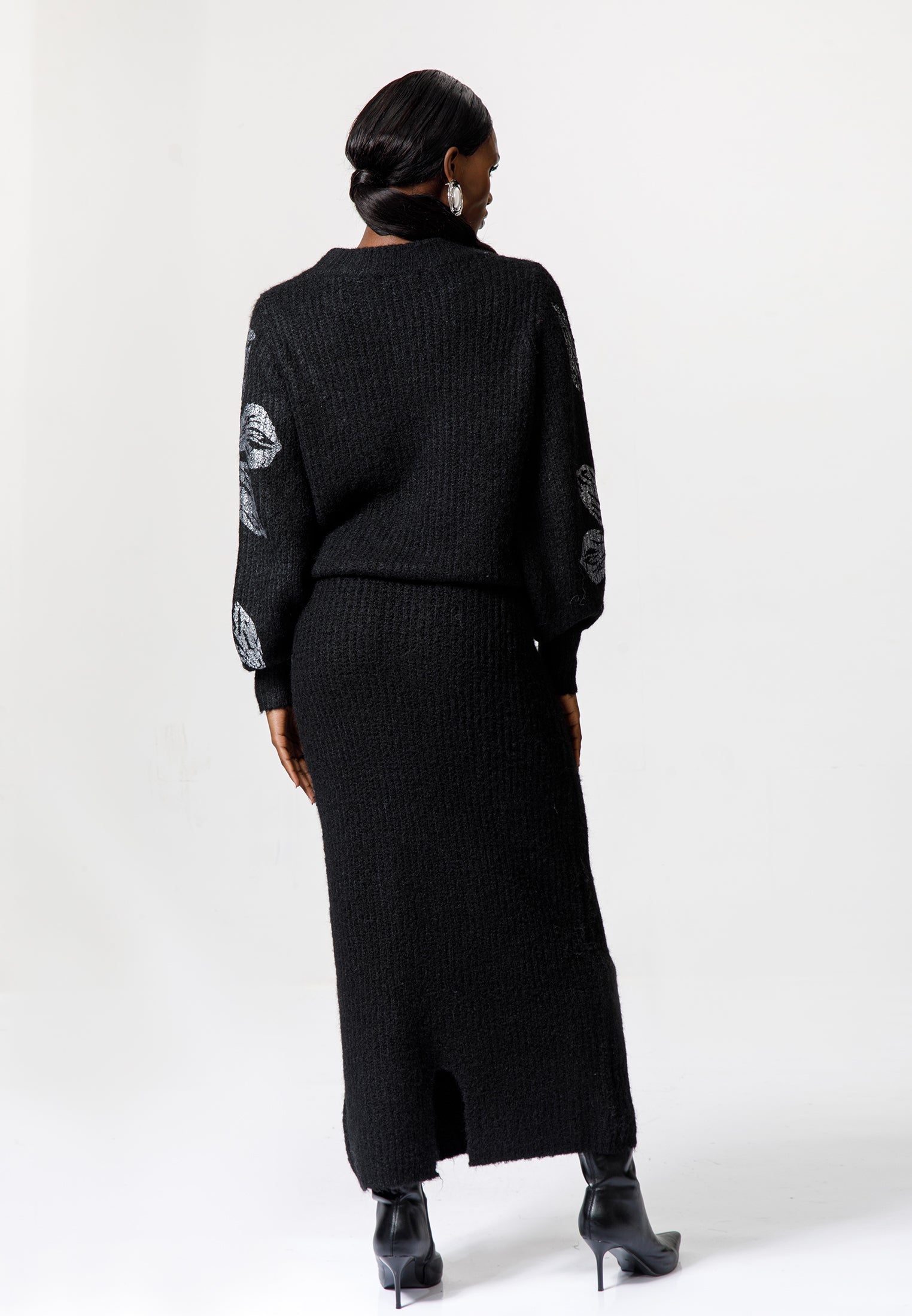Black Knit Skirt Set with Floral Embellished Sweater