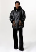 Black Leather-Look Jacket with Leopard Print Details