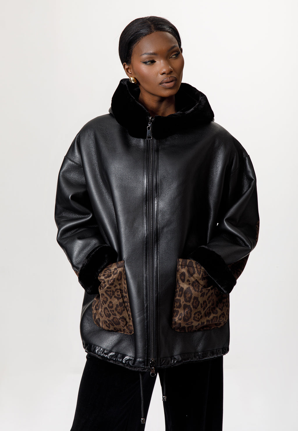 Black Leather-Look Jacket with Leopard Print Details