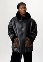 Black Leather-Look Jacket with Leopard Print Details