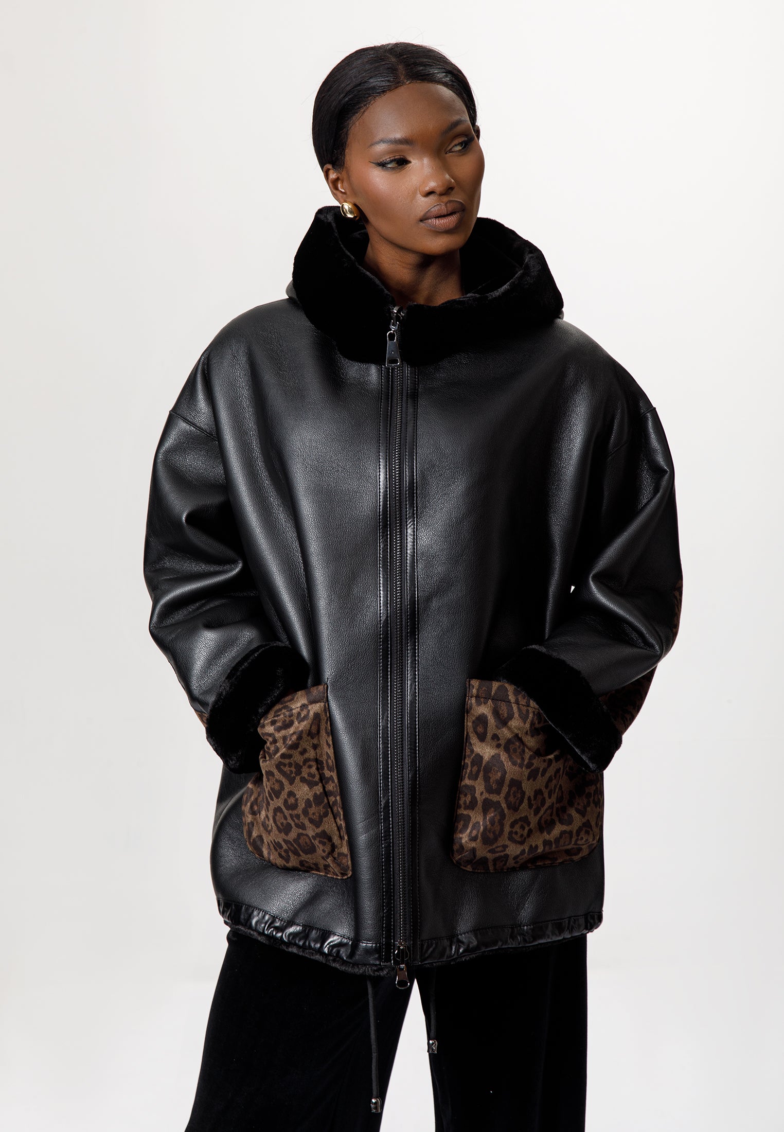 Black Leather-Look Jacket with Leopard Print Details