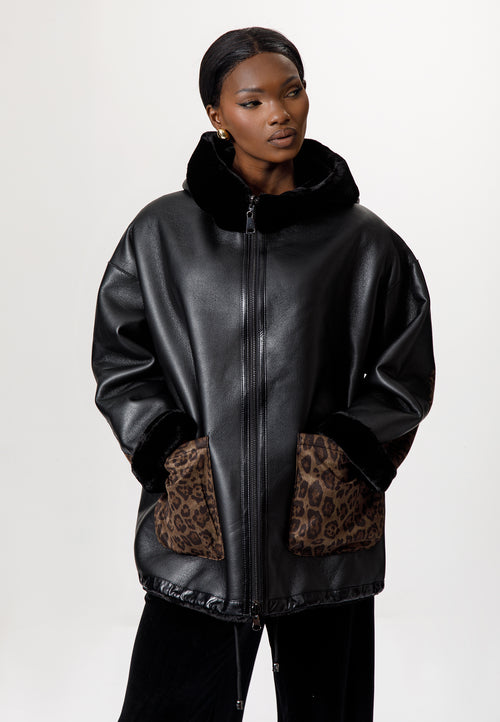 Black Leather-Look Jacket with Leopard Print Details